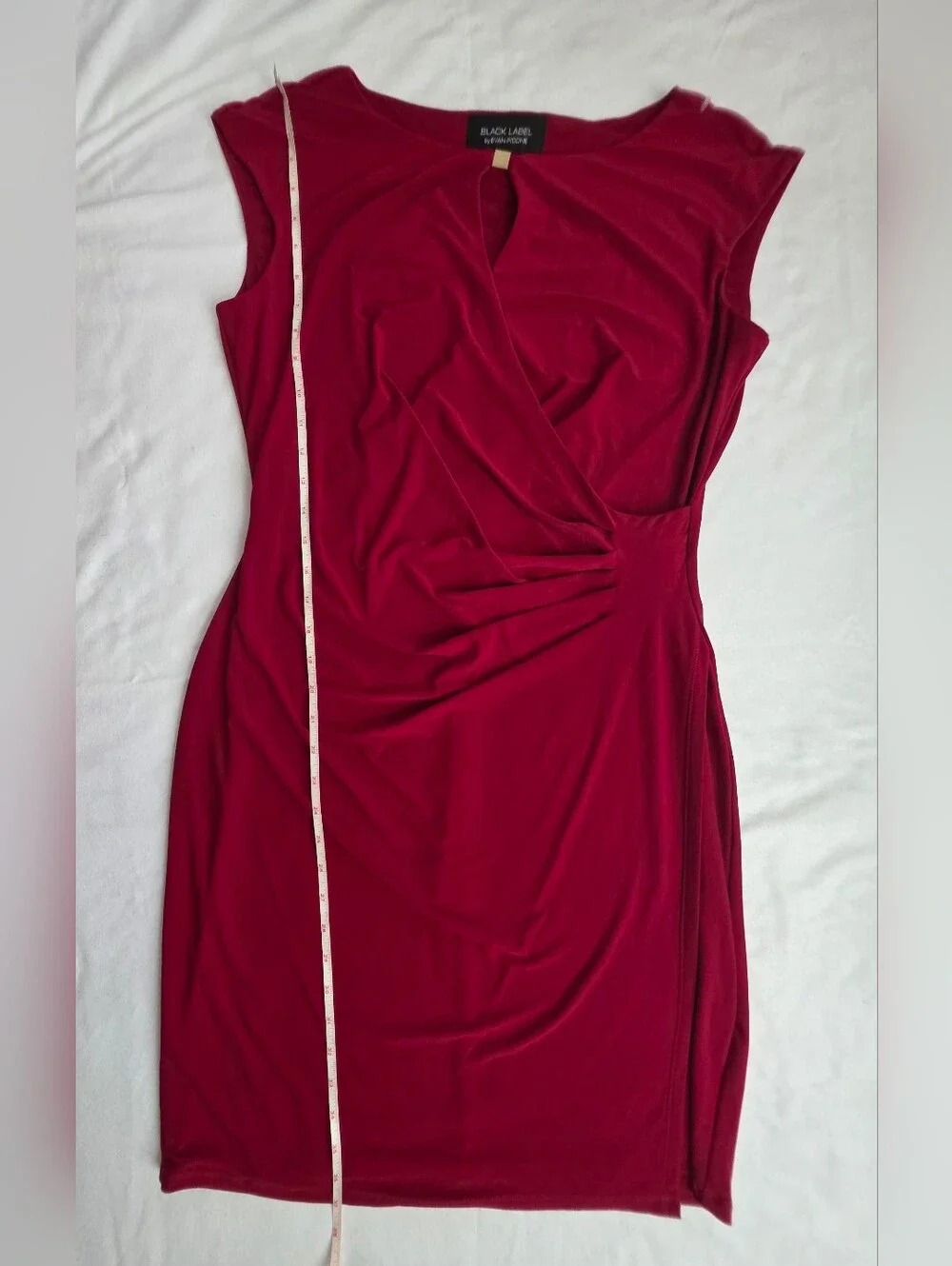 Black Label by Evan Picone Red Ruched Faux Wrap Dress Size 12 - Picture 3 of 10